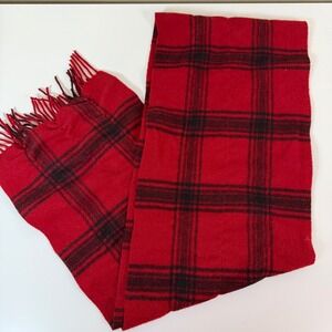 TALBOTS Women's Red & Black Plaid 100% Lambswool Scarf Fringe Winter Warm Preppy